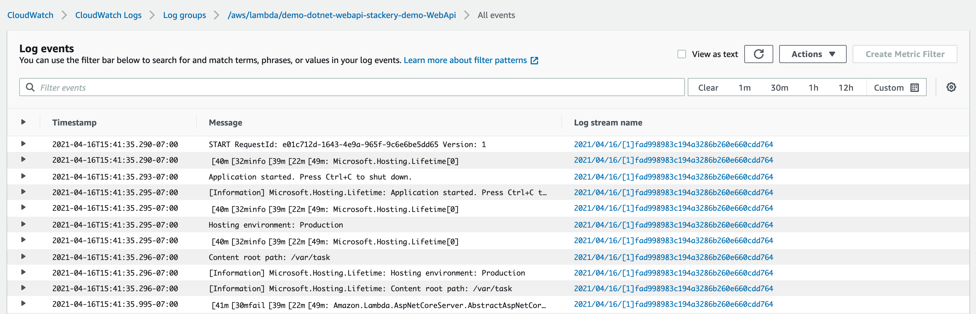 CloudWatch logs for the WebApi function